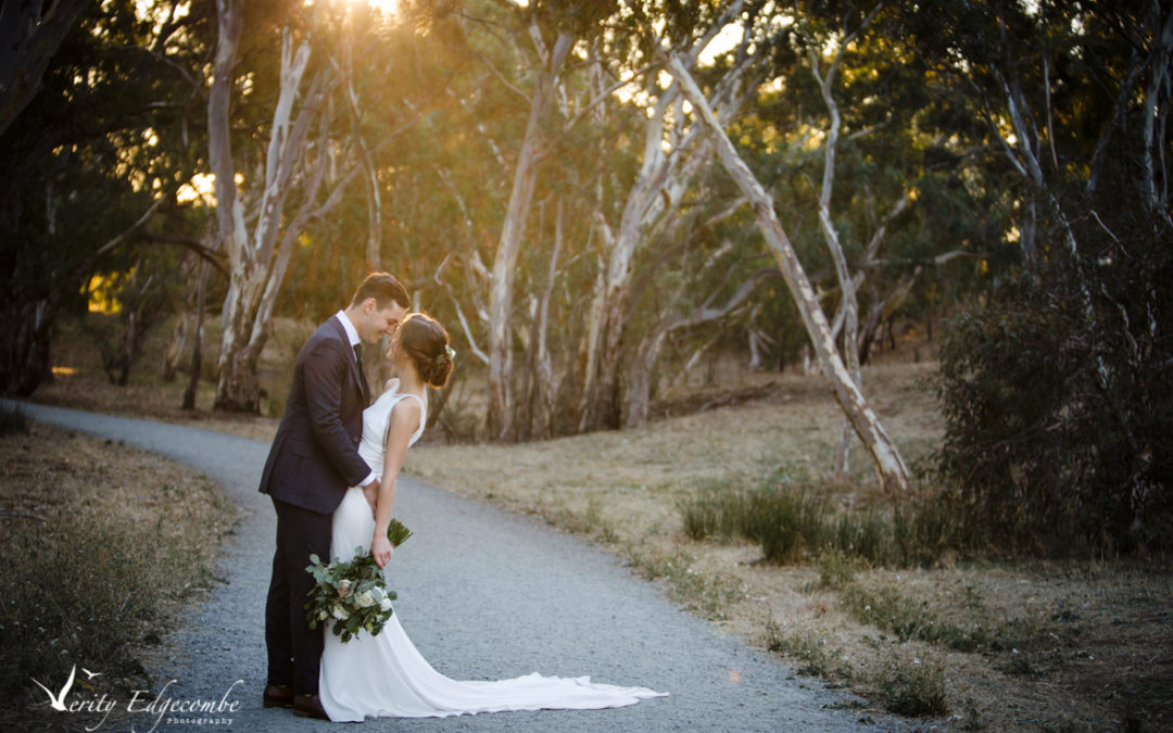 Romantic image of bride and groom in Adelaide foothills